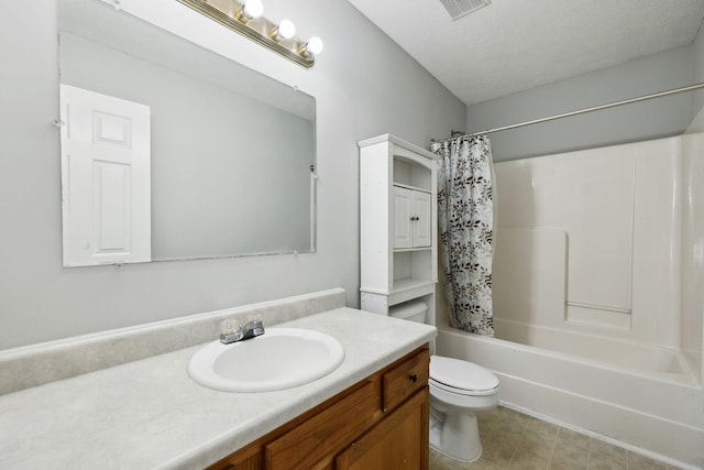 full bath featuring vanity, visible vents, shower / bath combination with curtain, toilet, and a textured ceiling
