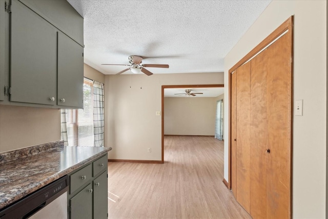 1712 Franklin Pike, Lewisburg, TN 37091 - kitchen with ceiling fan, a textured ceiling, light wood-style flooring, baseboards, and stainless steel dishwasher