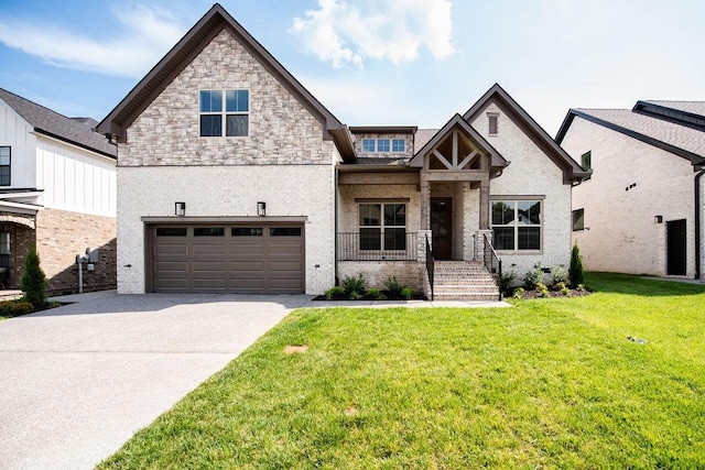 craftsman inspired home with concrete driveway, brick siding, a garage, and a front lawn