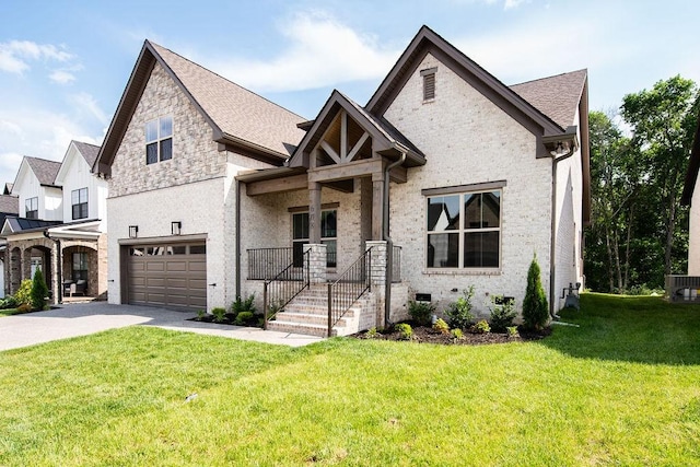 view of front of home with central AC, stone siding, a garage, a front yard, and concrete driveway
