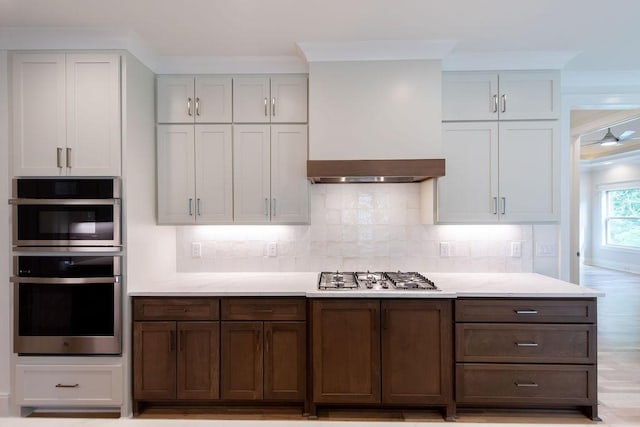 kitchen with white cabinetry, custom exhaust hood, tasteful backsplash, and stainless steel appliances