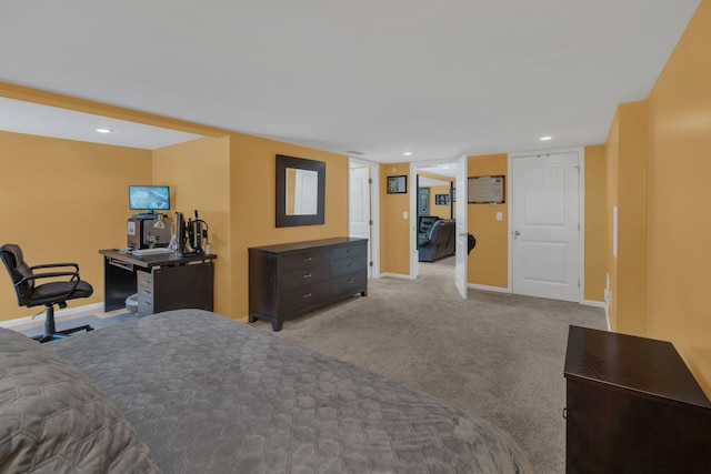 bedroom with baseboards, recessed lighting, and light carpet