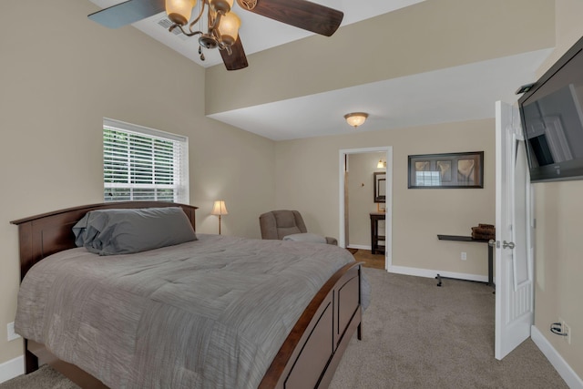carpeted bedroom with baseboards and ceiling fan