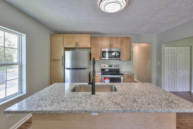 kitchen with a sink, a textured ceiling, a kitchen island with sink, and stainless steel appliances