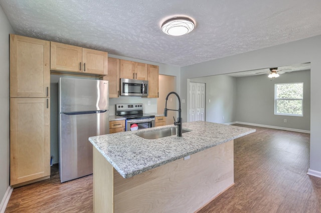 kitchen featuring appliances with stainless steel finishes, wood finished floors, a sink, baseboards, and light brown cabinets
