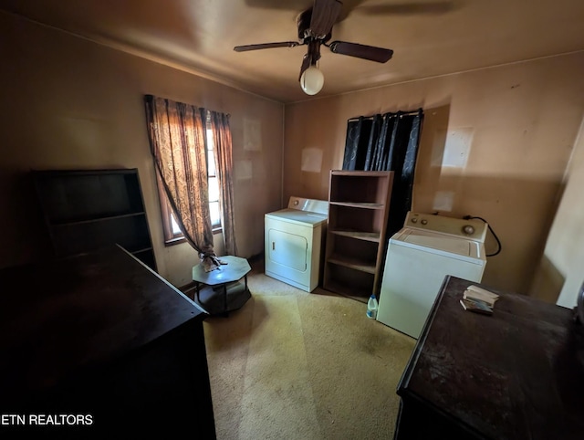 clothes washing area featuring carpet floors, laundry area, washer / clothes dryer, and ceiling fan