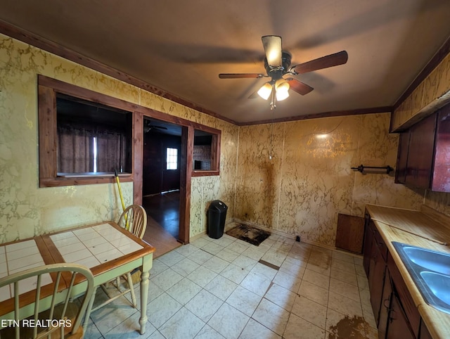 kitchen with a sink, ceiling fan, and wallpapered walls
