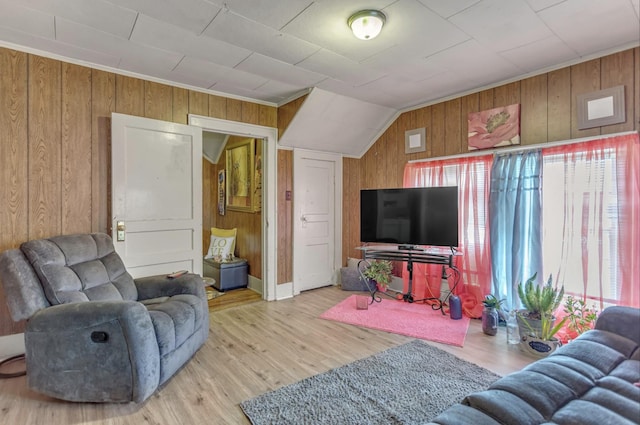 living area with wood walls and wood finished floors