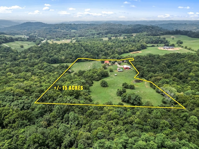 view of property location with a heavily wooded area and property parcel outlined