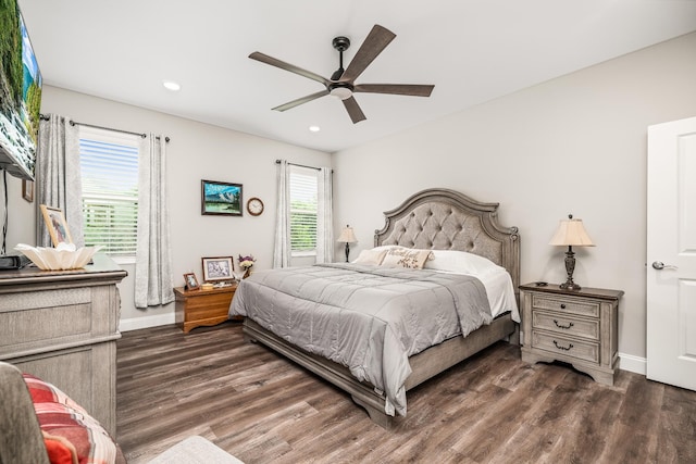 bedroom featuring baseboards, a ceiling fan, recessed lighting, and wood finished floors