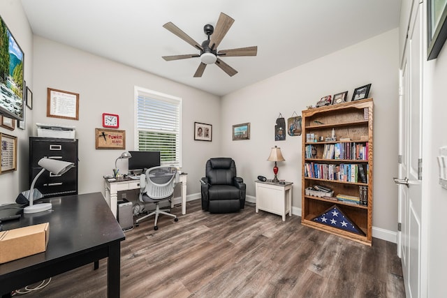 home office with baseboards, ceiling fan, and wood finished floors