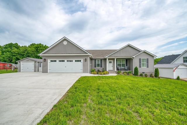 ranch-style house with a porch, board and batten siding, driveway, a front yard, and a garage