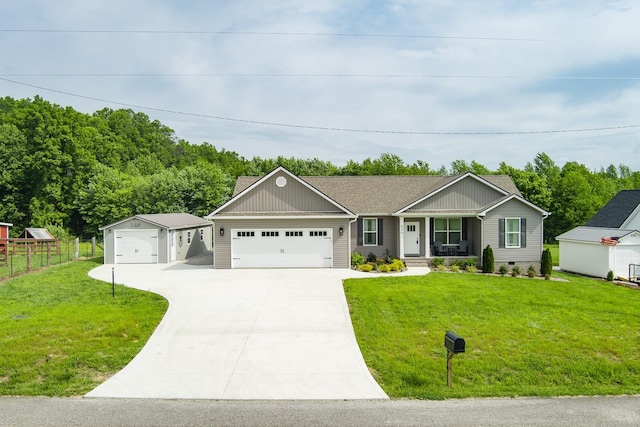 single story home with fence, concrete driveway, a porch, and a front lawn