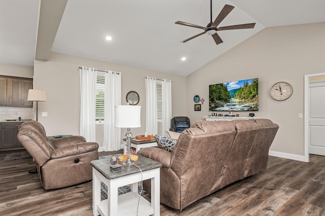 living room featuring recessed lighting, a ceiling fan, dark wood-style floors, and high vaulted ceiling