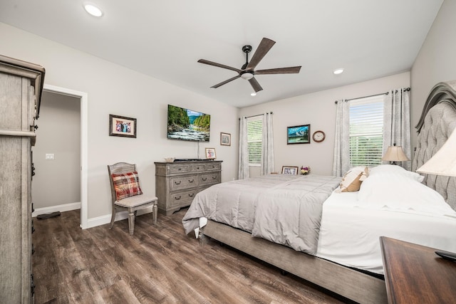 bedroom featuring baseboards, recessed lighting, a ceiling fan, and dark wood-style floors
