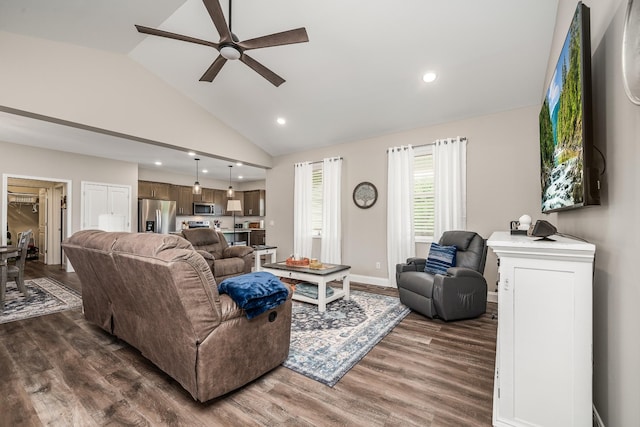 living area with a ceiling fan, baseboards, high vaulted ceiling, recessed lighting, and dark wood-type flooring