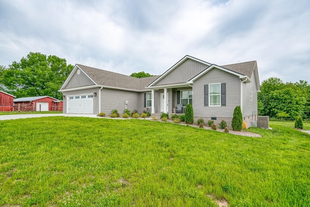 single story home featuring concrete driveway, central AC, and a front yard