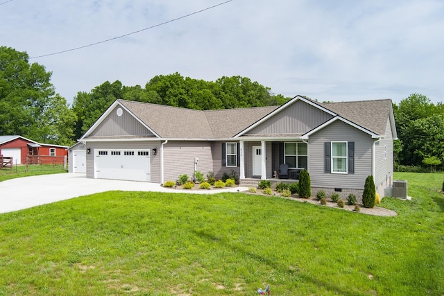 ranch-style house with a porch, driveway, a front lawn, an attached garage, and a shingled roof