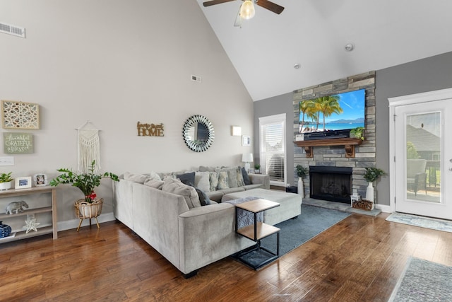 1132 Upland Ter, Clarksville, TN 37043 - living area featuring a ceiling fan, visible vents, a fireplace, wood finished floors, and high vaulted ceiling