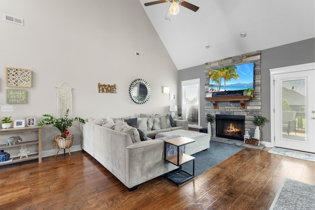 1132 Upland Ter, Clarksville, TN 37043 - living area with high vaulted ceiling, visible vents, ceiling fan, and wood finished floors