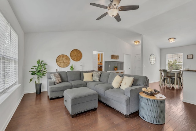 3005 Aruna Ct, Spring Hill, TN 37174 - living area featuring a ceiling fan, dark wood-type flooring, vaulted ceiling, and baseboards