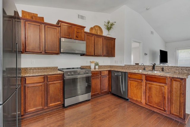 3005 Aruna Ct, Spring Hill, TN 37174 - kitchen featuring stainless steel appliances, a sink, vaulted ceiling, a peninsula, and dark wood-style flooring