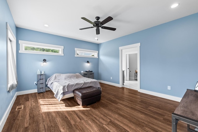 bedroom with ceiling fan, recessed lighting, baseboards, wood finished floors, and visible vents
