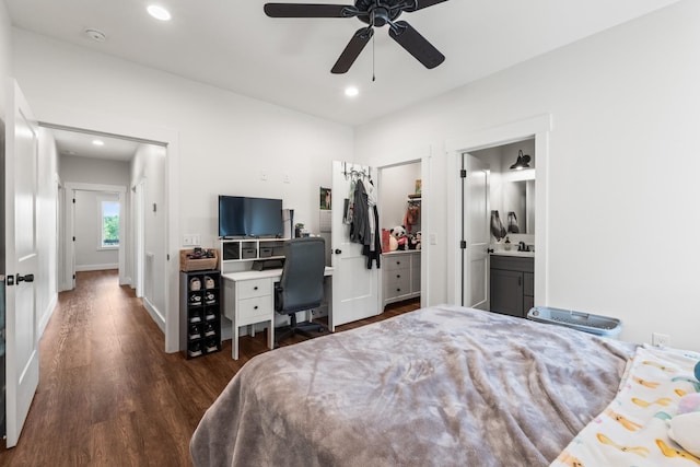 bedroom with ceiling fan, recessed lighting, baseboards, wood finished floors, and a spacious closet