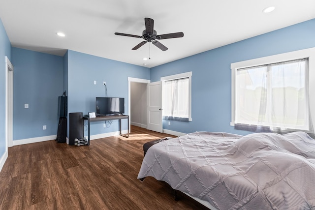 bedroom featuring baseboards, recessed lighting, a ceiling fan, and wood finished floors