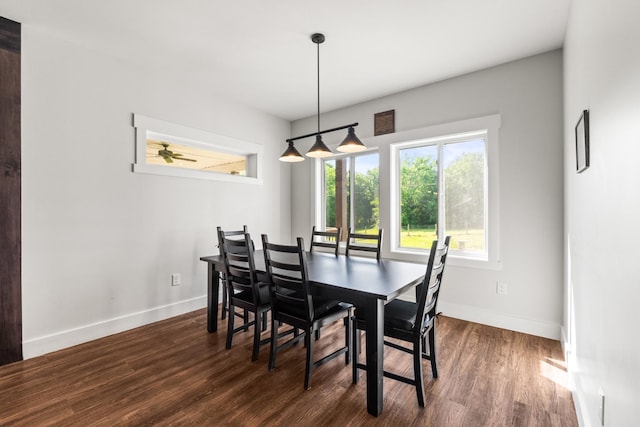 dining area featuring baseboards and dark wood-style flooring