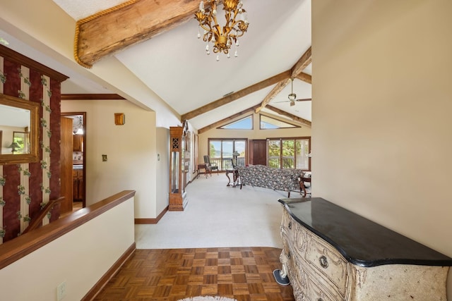 1314 Huntington Dr, Columbia, TN 38401 - bedroom with baseboards, lofted ceiling with beams, and a notable chandelier
