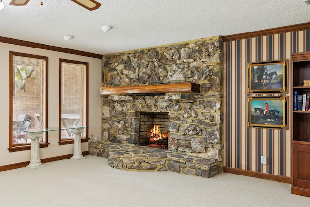 1314 Huntington Dr, Columbia, TN 38401 - living area with crown molding, carpet flooring, and a fireplace