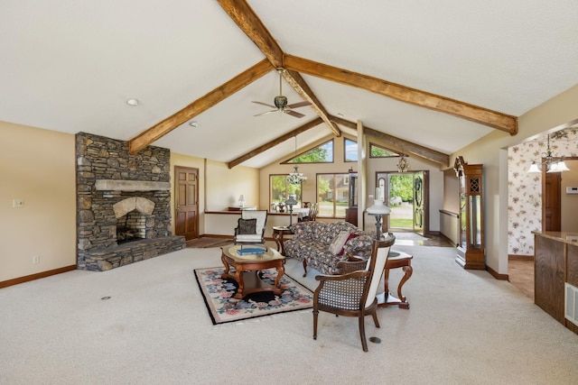 1314 Huntington Dr, Columbia, TN 38401 - living area featuring baseboards, lofted ceiling with beams, carpet, and ceiling fan