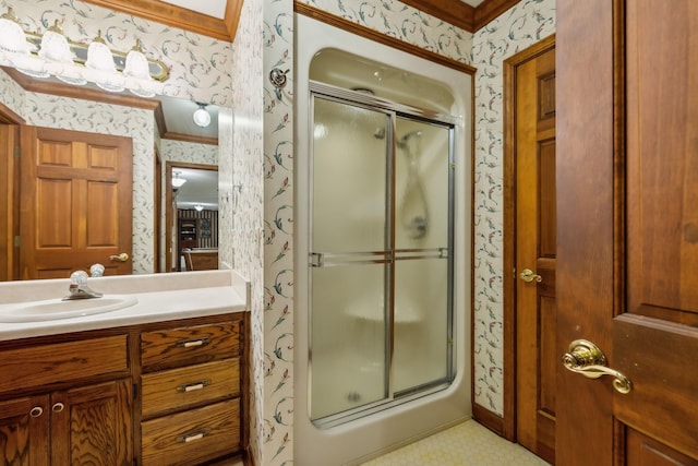 1314 Huntington Dr, Columbia, TN 38401 - bathroom featuring vanity, a shower stall, and wallpapered walls