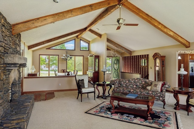 1314 Huntington Dr, Columbia, TN 38401 - carpeted living room featuring lofted ceiling with beams, ceiling fan with notable chandelier, a wealth of natural light, and a fireplace