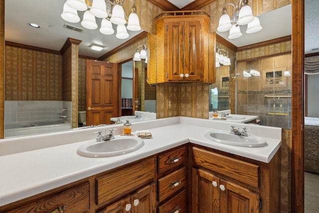 1314 Huntington Dr, Columbia, TN 38401 - bathroom with visible vents, a sink, crown molding, and a notable chandelier