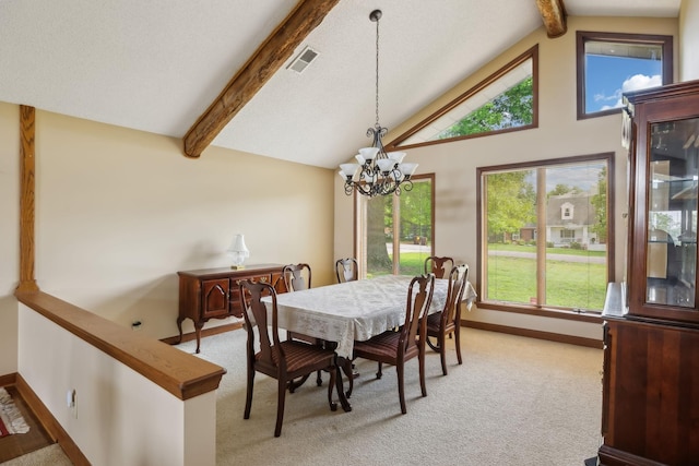 1314 Huntington Dr, Columbia, TN 38401 - dining area featuring light colored carpet, a notable chandelier, beam ceiling, baseboards, and visible vents