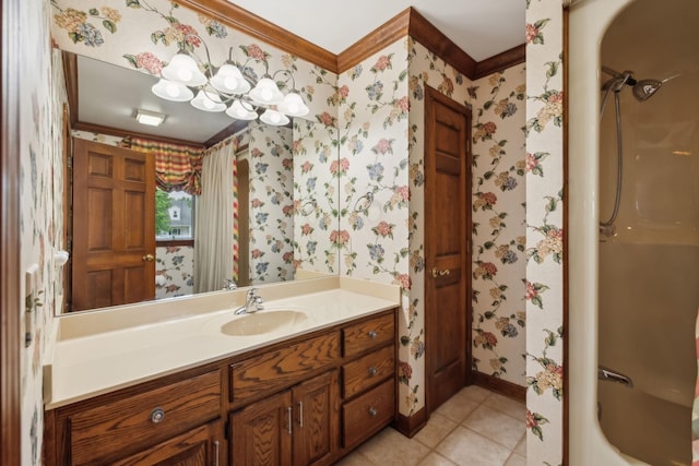 1314 Huntington Dr, Columbia, TN 38401 - full bath featuring vanity, shower / bathtub combination, tile patterned floors, wallpapered walls, and ornamental molding