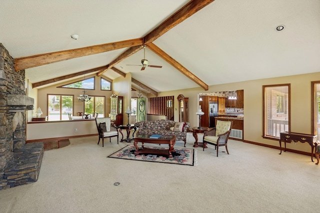 1314 Huntington Dr, Columbia, TN 38401 - carpeted living area with vaulted ceiling with beams, baseboards, ceiling fan with notable chandelier, and visible vents