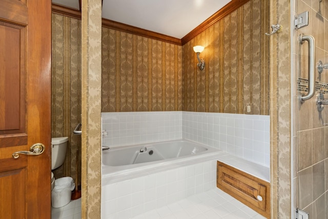 1314 Huntington Dr, Columbia, TN 38401 - bathroom featuring a bath, crown molding, tile patterned floors, toilet, and wallpapered walls