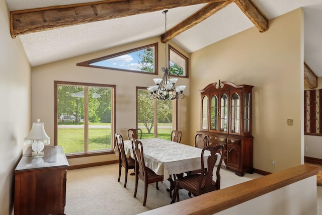 1314 Huntington Dr, Columbia, TN 38401 - dining area featuring an inviting chandelier, baseboards, light carpet, and beamed ceiling
