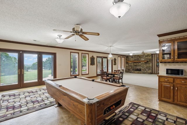 1314 Huntington Dr, Columbia, TN 38401 - recreation room with a textured ceiling, french doors, a ceiling fan, pool table, and visible vents