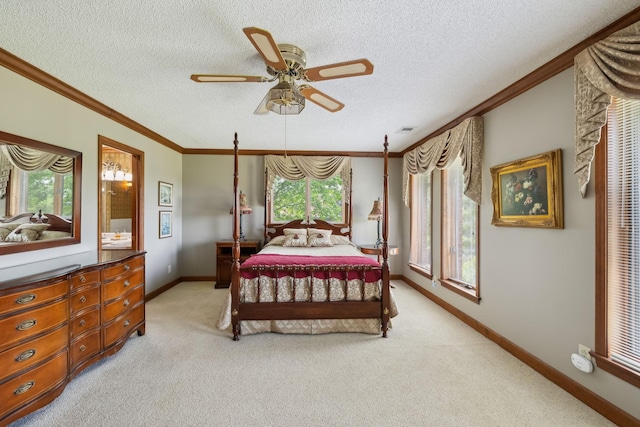 1314 Huntington Dr, Columbia, TN 38401 - bedroom featuring baseboards, ornamental molding, a textured ceiling, and light colored carpet