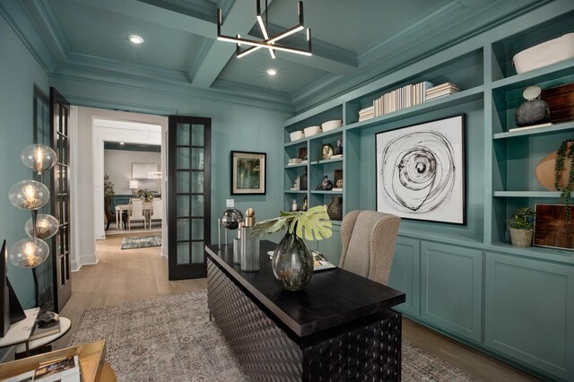 7258 Murrel Dr, Franklin, TN 37064 - home office with ornamental molding, wood finished floors, beamed ceiling, a chandelier, and built in shelves