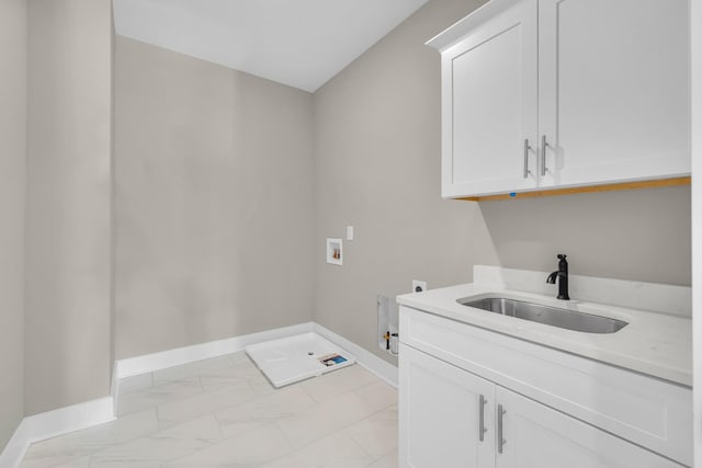 washroom featuring electric dryer hookup, a sink, baseboards, hookup for a washing machine, and marble finish floor