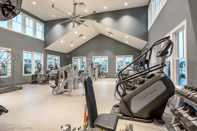 152 Salton Ln, Spring Hill, TN 37174 - exercise room featuring visible vents, a towering ceiling, and recessed lighting
