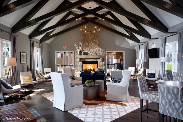 152 Salton Ln, Spring Hill, TN 37174 - living area with high vaulted ceiling, beamed ceiling, wood finished floors, and a notable chandelier