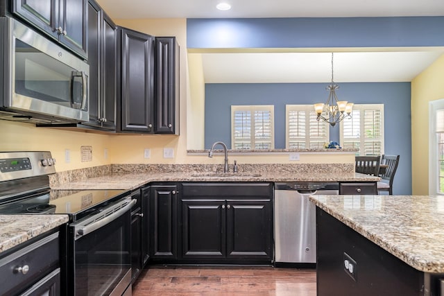 kitchen featuring dark cabinetry, a sink, dark wood-style floors, and stainless steel appliances