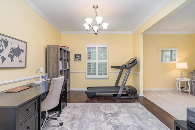 office featuring crown molding, baseboards, a chandelier, and dark wood finished floors