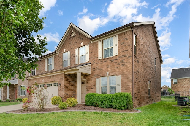 view of front of house with a front yard, brick siding, fence, concrete driveway, and an attached garage